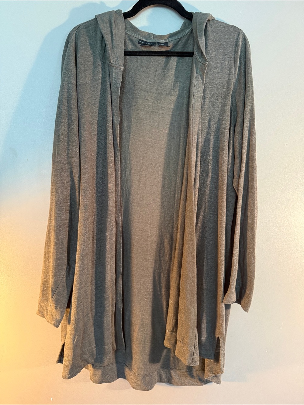 Tahari 100% Linen Open-Front Hooded Cardigan - Khaki Gray Green